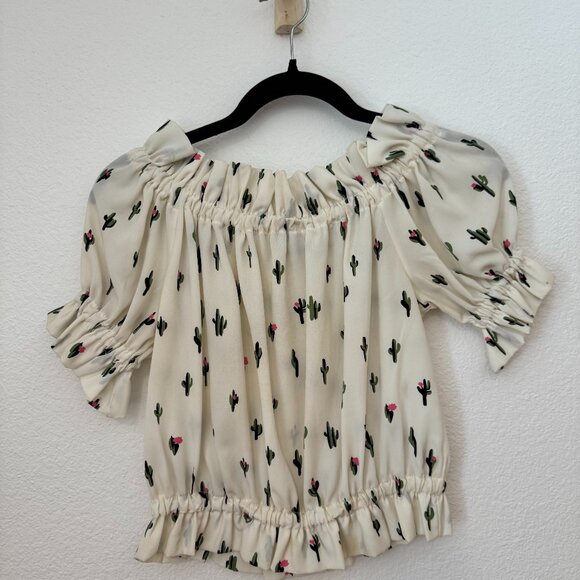 Miss Miss Cream Cactus Print Puff Sleeve Crop Top - Picture 1 of 3